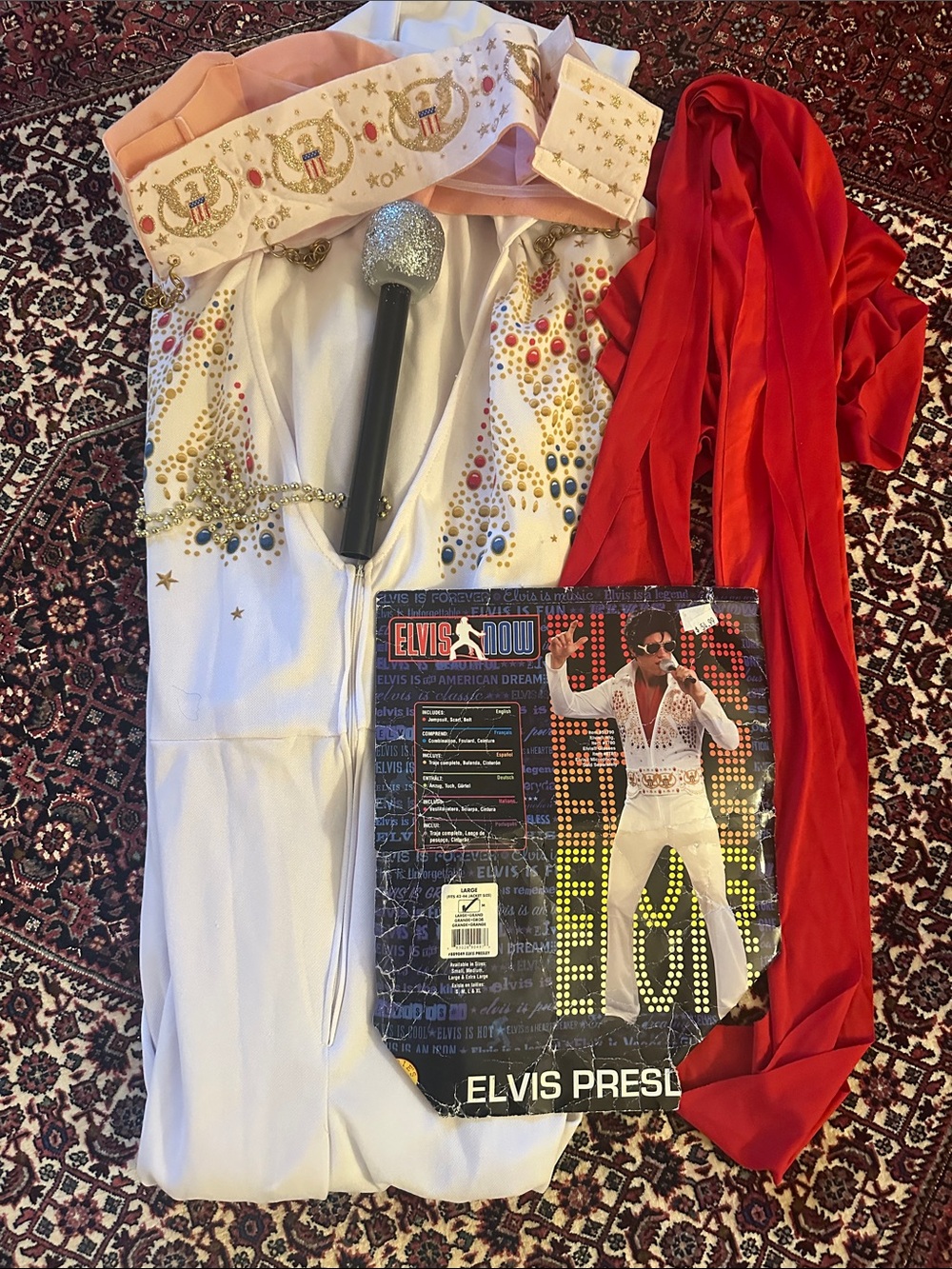 Elvis Presley White Embellished Jumpsuit with Red Scarf - Men Suits & Blazers